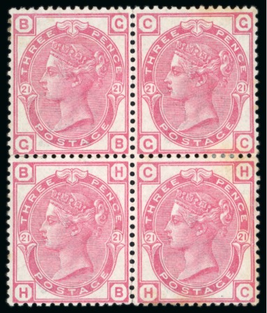 Stamp of Great Britain » 1855-1900 Surface Printed » 1880-83 Large Coloured Corner Letters, Wmk Imperial Crown 1880-83 3d rose pl. 21 GB-HC mint block of four