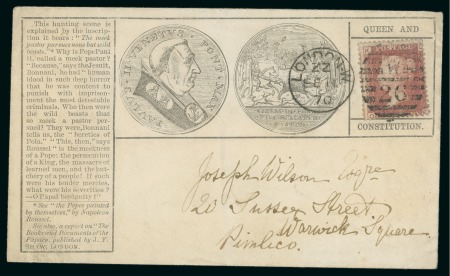 Stamp of Great Britain » Hand Illustrated and Printed Envelopes 1870 (Feb 11) Anti-Pope envelope showing Pope Paul II sent from West London to Pimlico with 1864-79 1d 