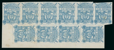 Stamp of Colombia » States - Santander 1886 1c blue in an uncommon pale shade, block of ten with row printed sideways