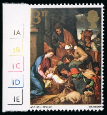 Stamp of Great Britain » Queen Elizabeth II 1967 Christmas Paintings 3d with variety imperforate at left, a mint l.h. marginal single with cylinder numbers in the margin