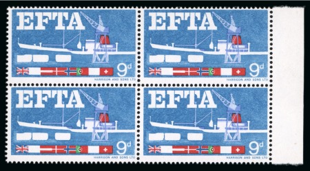 Stamp of Great Britain » Queen Elizabeth II 1967 EFTA 9d with black, brown, new blue and yellow omitted in mint n.h. right marginal block of four