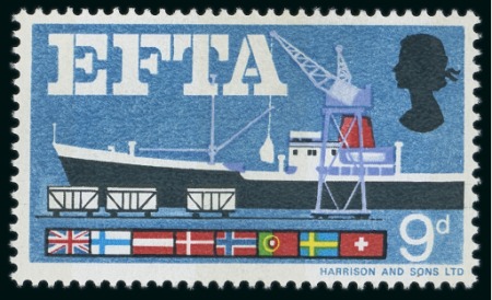 Stamp of Great Britain » Queen Elizabeth II 1967 EFTA 9d and 1s6d group of five with colours omitted + pair with colour shift
