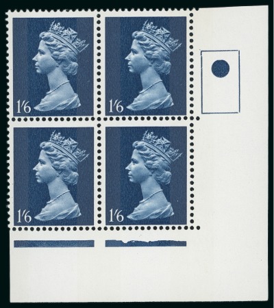 Stamp of Great Britain » Queen Elizabeth II 1967-70 Machins 1s6d, gum Arabic, two phosphor bands, with greenish blue omitted in mint n.h. lower right corner traffic light block of four