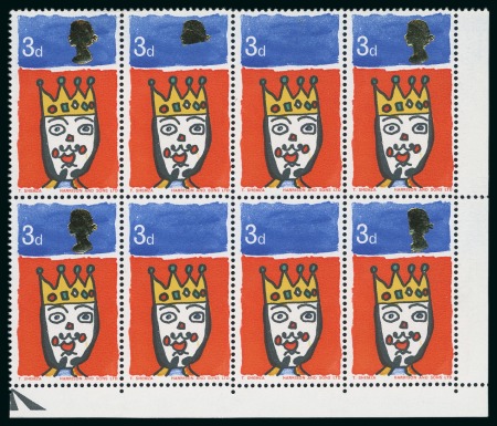 Stamp of Great Britain » Queen Elizabeth II 1966 Christmas 3d mint n.h. with variety gold omitted on two examples in a lower right corner marginal block of eight