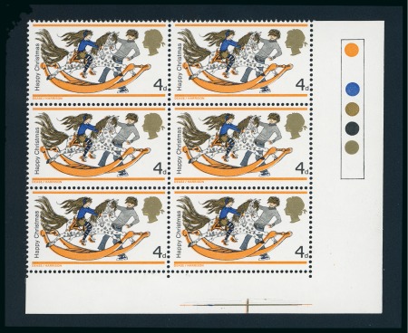 Stamp of Great Britain » Queen Elizabeth II 1968 Christmas 4d with variety vermilion omitted in mint n.h. lower right corner traffic light block of 6