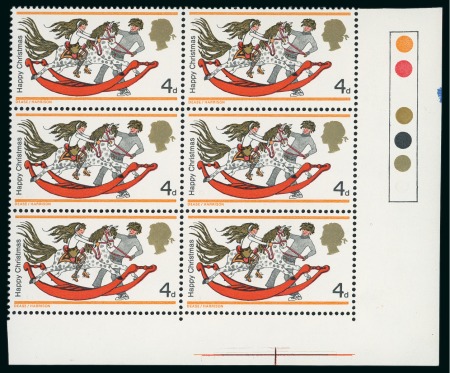 Stamp of Great Britain » Queen Elizabeth II 1968 Christmas 4d with variety ultramarine omitted in mint n.h. lower right corner traffic light block of 6