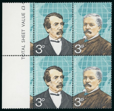 Stamp of Great Britain » Queen Elizabeth II 1973 British Explorers 3p se-tenant mint n.h. left marginal block of four with variety gold omitted
