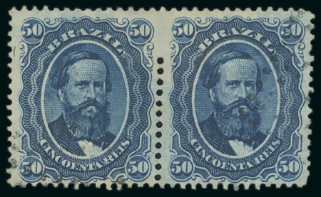 Stamp of Brazil 1866 50r blue, pair with partial vertical perforation