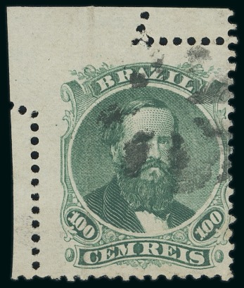 Stamp of Brazil 1866 100r green, a corner example from the upper left