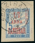 Stamp of Colonies françaises » Zanzibar (Poste française) 1904, Y&T n°68 oblitéré sur fragment, cote 600€,