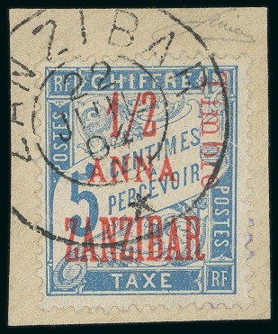 Stamp of Colonies françaises » Zanzibar (Poste française) 1904, Y&T n°68 oblitéré sur fragment, cote 600€,