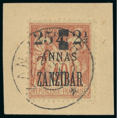 Stamp of Colonies françaises » Zanzibar (Poste française) 1904, Y&T n°58 oblitéré sur fragment, cote 1'300€,
