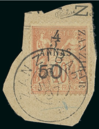 Stamp of Colonies françaises » Zanzibar (Poste française) 1897, Y&T n°36a type II oblitéré sur fragment, cote