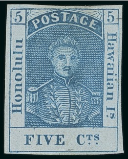 Stamp of United States » U.S. Possessions » Hawaii 1853 5c blue on bluish with partial gum