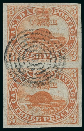 Stamp of Canada 1851 3c Orange-Vermilion 3c vertical pair, good to large margins, neatly cancelled by single target cancel