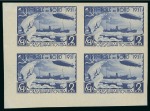 Stamp of Russia » Soviet Union 1931 Graf Zeppelin Polar Flight mint n.h. imperf. set of four in lower right corner marginal blocks of four plus mint n.h. perf.12x12 1/2 set of 4