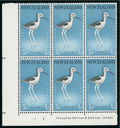 Stamp of New Zealand 1959 Health Stamps (Birds) 3d+1d with pink omitted in mint n.h. lower right corner marginal plate block, plus matching colour shift block