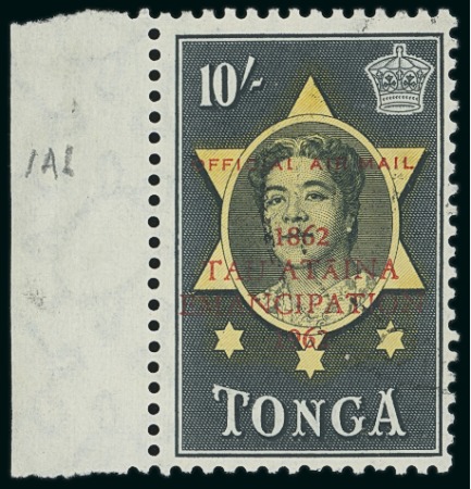 Stamp of Tonga 1962 Airmail Centenary of Emancipation group incl. 10s used right marginal trip of three showing "MAII" variety