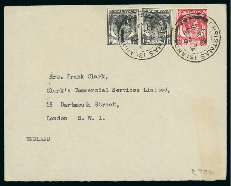 Stamp of Malaysia » Straits Settlements 1938 (Jan 26) Commercial cover from Christmas Island with KGVI 1937-41 1c (2) and 6c definitives