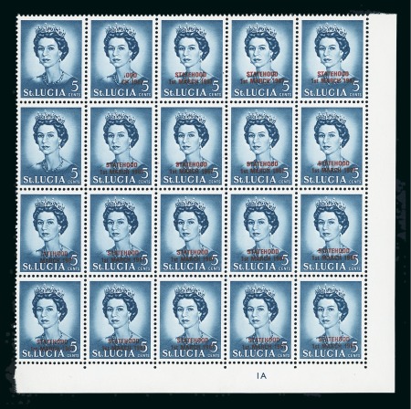 Stamp of St. Lucia 1967 Statehood 5c with variety overprint omitted on two stamps in a lower right corner marginal block of 20; and overprint on reverse on block of 12