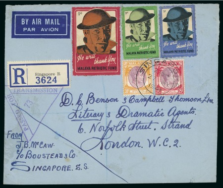 Stamp of Malaysia » Straits Settlements 1941 (May 27) Airmail envelope sent registered to England with Malaya Patriotic Fund 1c, 2c and 5c labels