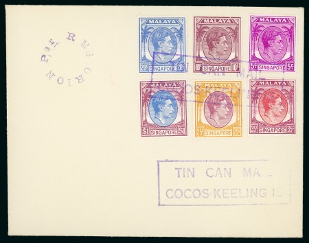 Stamp of Singapore 1948-52 KGVI values from 5c. to $1 tied to unaddressed envelope cancelled by favour with violet boxed "TIN CAN MAIL / COCOS-KEELING IS"