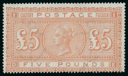 Stamp of Great Britain » 1855-1900 Surface Printed » 1867-83 High Values 1867-83 £5 orange on strongly BLUED paper, DE, unused no gum