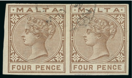 Stamp of Malta 1885-90 4d brown imperforate pair with partial Natabile cds