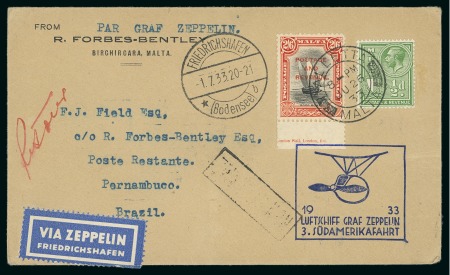 Stamp of Malta 1933 (Jun 25) 3rd South America Graf Zeppelin flight cover to Brazil