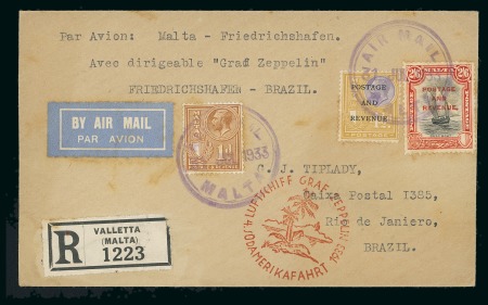 Stamp of Malta 1933 (Jul 31) 4th South America Graf Zeppelin flight cover to Brazil 