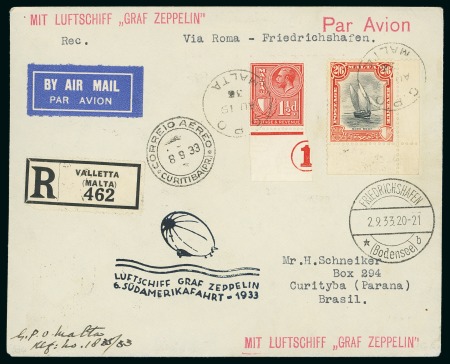 Stamp of Malta 1933 (Aug 19) 6th South America Graf Zeppelin flight cover sent registered to Brazil 