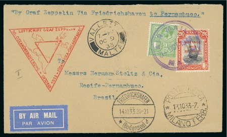 Stamp of Malta 1933 (Oct 9) 9th South America Graf Zeppelin flight cover to Brazil