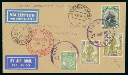 Stamp of Malta 1934 (Jun 5) and 1934 (Aug 27) South America Graf Zeppelin flight covers to Brazil