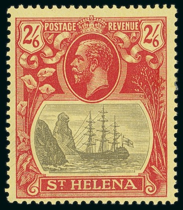 Stamp of St. Helena 1922-37 Wmk Script CA 2s6d grey & red on yellow mint l.h. showing variety cleft rock