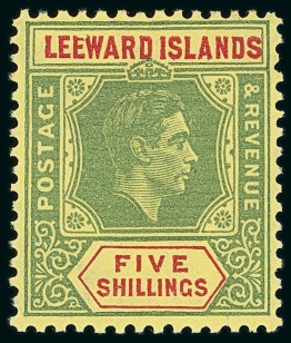 Stamp of Leeward Islands 1938-51 5s Green & Red on yellow on ordinary paper, mint og, showing variety broken "E"