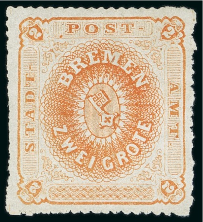 Stamp of German States » Bremen 1863 2gr dark yellow-orange on chalk surfaced paper, mint o.g.