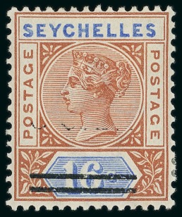 Stamp of Seychelles » Regular Issues 1901 3c on 16c chestnut and ultramarine, mint h.r. showing variety surcharge omitted
