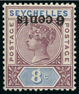 Stamp of Seychelles » Regular Issues 1901 6c on 8c brown-purple and ultramarine, mint h.r. showing variety surcharge inverted