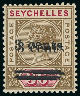Stamp of Seychelles » Regular Issues 1901 3c on 36c brown & carmine mint h.r. showing variety surcharge double