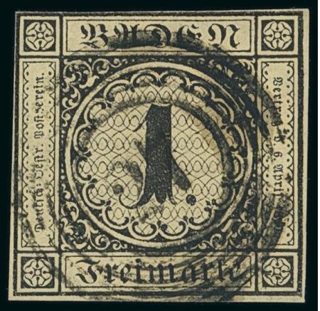 Stamp of German States » Baden 1851 1kr black on buff on thin paper, first printing, used