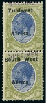 Stamp of South West Africa 1923-26 Type VIa 1s, 10s and £1 in mint vertical pair with "SPECIMEN" hs