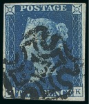Stamp of Large Lots and Collections Great Britain: 1840 2d blue used group of five incl. one with 1844-type "466" numeral