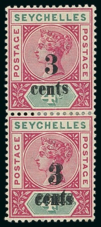 Stamp of Seychelles » Regular Issues 1893 3c on 4c with variety double surcharge in mint vertical (rejoined) pair with normal