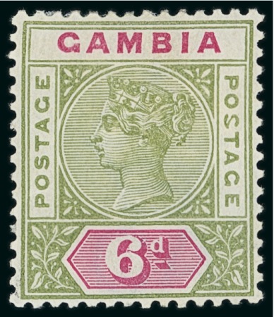 Stamp of Gambia 1898-1902 6d olive-green & carmine with variety malformed "S", mint; plus unused 3d with same variety