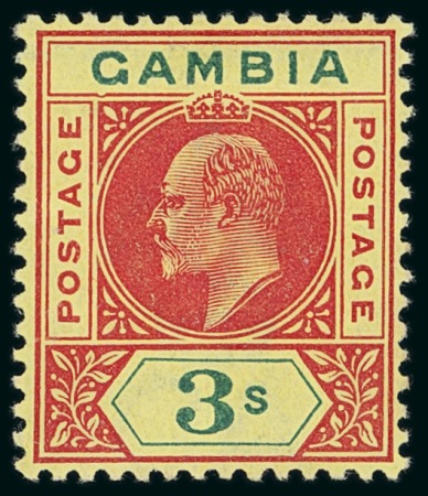 Stamp of Gambia 1902-05 3s carmine & green on yellow with variety dented frame, mint 