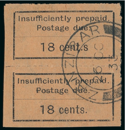 Stamp of Zanzibar Postage Dues: 1926-30 18c on orange paper with variety "cent.s" in used vertical pair with norma
