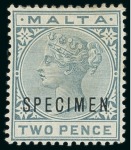 Stamp of Malta 1885-90 2d, 2 1/2d, 4d and 1s with "SPECIMEN" overprints