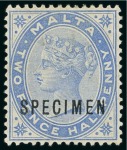 Stamp of Malta 1885-90 2d, 2 1/2d, 4d and 1s with "SPECIMEN" overprints
