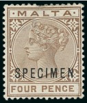 Stamp of Malta 1885-90 2d, 2 1/2d, 4d and 1s with "SPECIMEN" overprints