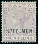 Stamp of Malta 1885-90 2d, 2 1/2d, 4d and 1s with "SPECIMEN" overprints